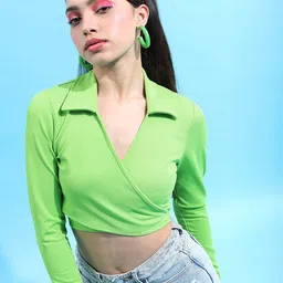 Tokyo Talkies Shirt Collar Knited Wrap Crop Top-picture-32
