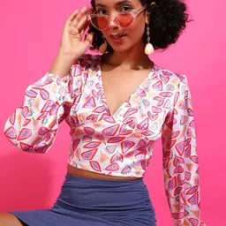 Popwings White Color Conversational Print V-Neck Puff Sleeve Satin Crop Top-image-49