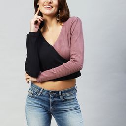 Rigo Purple & Black Colourblocked Wrap Crop Top-image-1