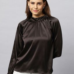 Chemistry Round Neck Cuffed Sleeves Gathered Satin Regular Top-picture-34