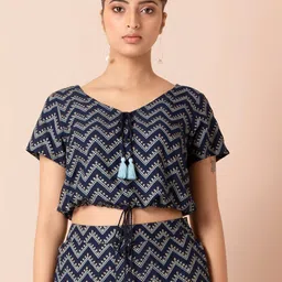 INDYA Geometric Foil Printed V-neck Blouson Crop Top-image-10