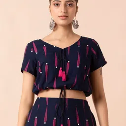 INDYA Printed V-Neck Drawstring Waist Crop Top-image-71