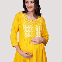Mom For Sure by Ketki Dalal Floral Embroidered Tie-Up Neck A-Line Maternity Kurti-image-19