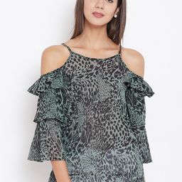Ruhaans Green & slate gray Animal Print Crepe Top-image-14