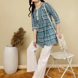 NISHABD Ethnic Motifs Printed Tie-Up Neck Cotton A-Line Top-image-10