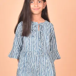 misbis Girl's Ethnic Motifs Printed Keyhole Neck Bell Sleeves Tie-Ups Cotton Top-picture-27
