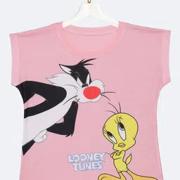 YK Warner Bros Girls Pink & Black Looney Tunes Tweety & Sylvester Short Sleeves Cotton Top-picture-20