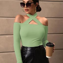 BAESD Ribbed Halter Neck Cold Shoulder Fitted Top-image-72