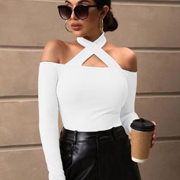 BAESD Ribbed Halter Neck Cold-Shoulder Sleeves Fitted Top-image-96