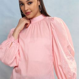 Vishudh Embroidered Striped High Neck Cotton Top-image-53