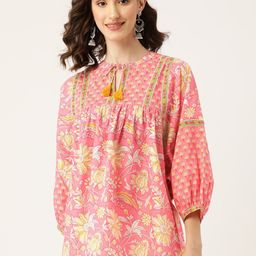 Jaipur Morni Mandarin Collar Floral Printed Pure Cotton Tunic-image-77