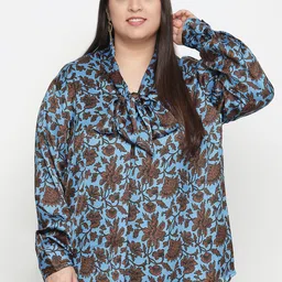 Oxolloxo Plus Size Women Navy Blue Floral Print Tie-Up Neck Top-picture-20