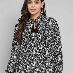 Amagyaa Floral Print Tie-Up Neck Top-image-11