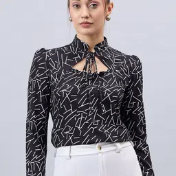 Style Quotient Abstract Printed Puff Sleeves Tie-Up Neck Regular Top-24