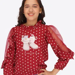 CUTECUMBER Girls Polka Dot Printed Puff Sleeves Applique Blouson Top-21