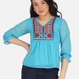 Antheaa Girls Turquoise Blue & Red Embroidered Chiffon Top-12