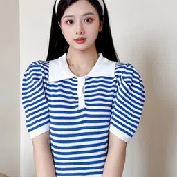 StyleCast Blue & White Horizontal Striped Shirt Collar Top-image-71