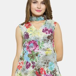 Enchanted Drapes Blue & Purple Floral Print Choker Neck Crepe Top-image-72