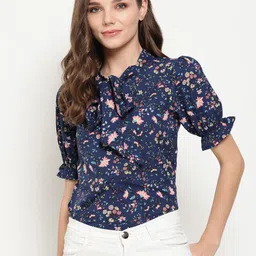 AKIMIA Blue Floral Print Tie-Up Neck Crepe Top-picture-20