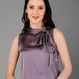 PURYS Solid Sheen Tie-Up Neck Top-image-61