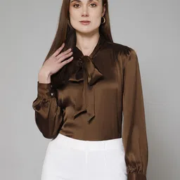 PURYS Tie Up Neck Cuffed Sleeves Satin Top-image-27
