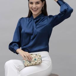 PURYS Tie-Up Neck Cuffed Sleeves Satin Top-image-33
