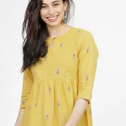 Vishudh Mustard & Blue Ethnic Motifs Printed Pure Cotton Empire Top-25