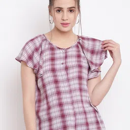 Be Indi Women Pink & Maroon Checked Pure Cotton Top-picture-5