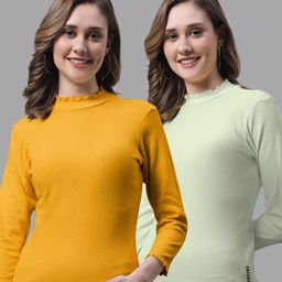 FBAR Pack Of 2 High Neck Ribbed Fitted Skin Friendly Pure Cotton Tops-image-67