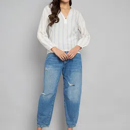 Amagyaa Striped Printed Shirt Collar Cotton Top-picture-54