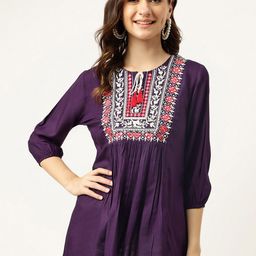 Ashlee Floral Embroidered Tie Up Neck Puff Sleeves A-Line Top-image-74