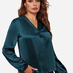 angloindu V-Neck Puff Sleeve Satin Regular Top-image-60