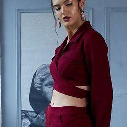 Athena Burgundy Lapel Collar Tie up Top-image-21