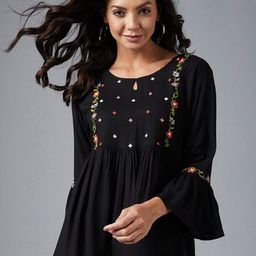Azira Black Floral Embroidered A-Line Top-image-31