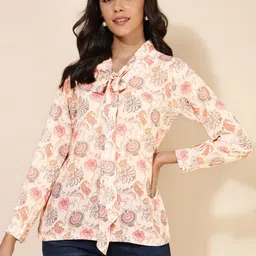 Janasya Peach-Coloured Floral Printed Tie-Up Neck Georgette Top-picture-11