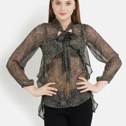 Aditi Wasan Floral Printed Tie-Up Neck Semi Sheer Ruffles Top-image-48