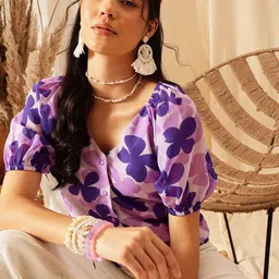 QUIERO Purple Floral Print Puff Sleeves V-Neck Regular Top-image-89