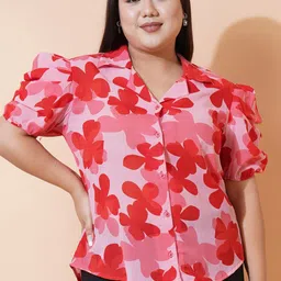 U&F Beyond Red Plus Size Floral Printed Puff Sleeves Shirt Style Top-20