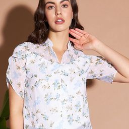 Marie Claire White & Blue Floral Printed V-Neck Top-image-68