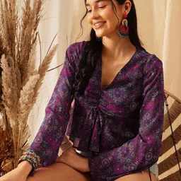 QUIERO Purple Floral Print Bell Sleeve Georgette Regular Top-picture-13