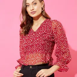 ANVI Be Yourself Maroon Floral Printed Bell Sleeves Georgette Peplum Top-image-16