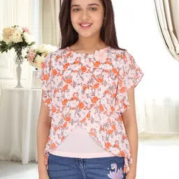 CUTECUMBER Orange Floral Print Applique Georgette Top-picture-19