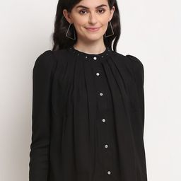 La Zoire Black Mandarin Collar Georgette Shirt Style Top-image-52