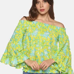 Saffron Threads Lime Floral Print Off-Shoulder Bardot Top-24