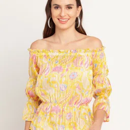 Zink London Yellow & Pink Floral Print Off-Shoulder Accordion Pleats Cinched Waist Top-image-5