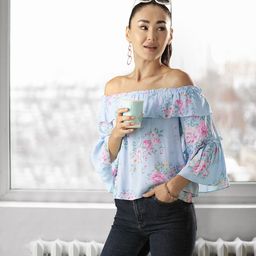 AND Blue Floral Print Off-Shoulder Bardot Top-image-58