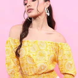 Vishudh Yellow Floral Printed Off-Shoulder Bardot Top-image-47