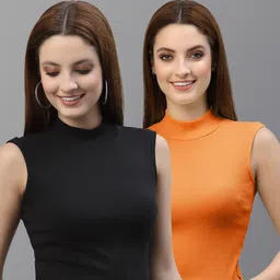Friskers Pack of 2 Women Black & Orange Turtle Neck Crop Top-image-7