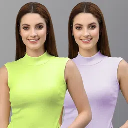 Friskers Women Pack Of 2 Green & Purple Cotton Rib Turtle Neck Crop Tops-image-35