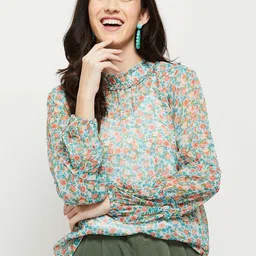 max Women Green & Pink Floral Printed Polyester High Neck Top-image-31